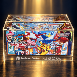 Caja acrílica para Pokémon Center Fukuoka sobre fondo oscuro con luz dorada. Contenido de muestra no incluido.