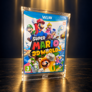 Caja acrílica para videojuegos Wii U sobre fondo oscuro con luz dorada. Juego de muestra no incluido.